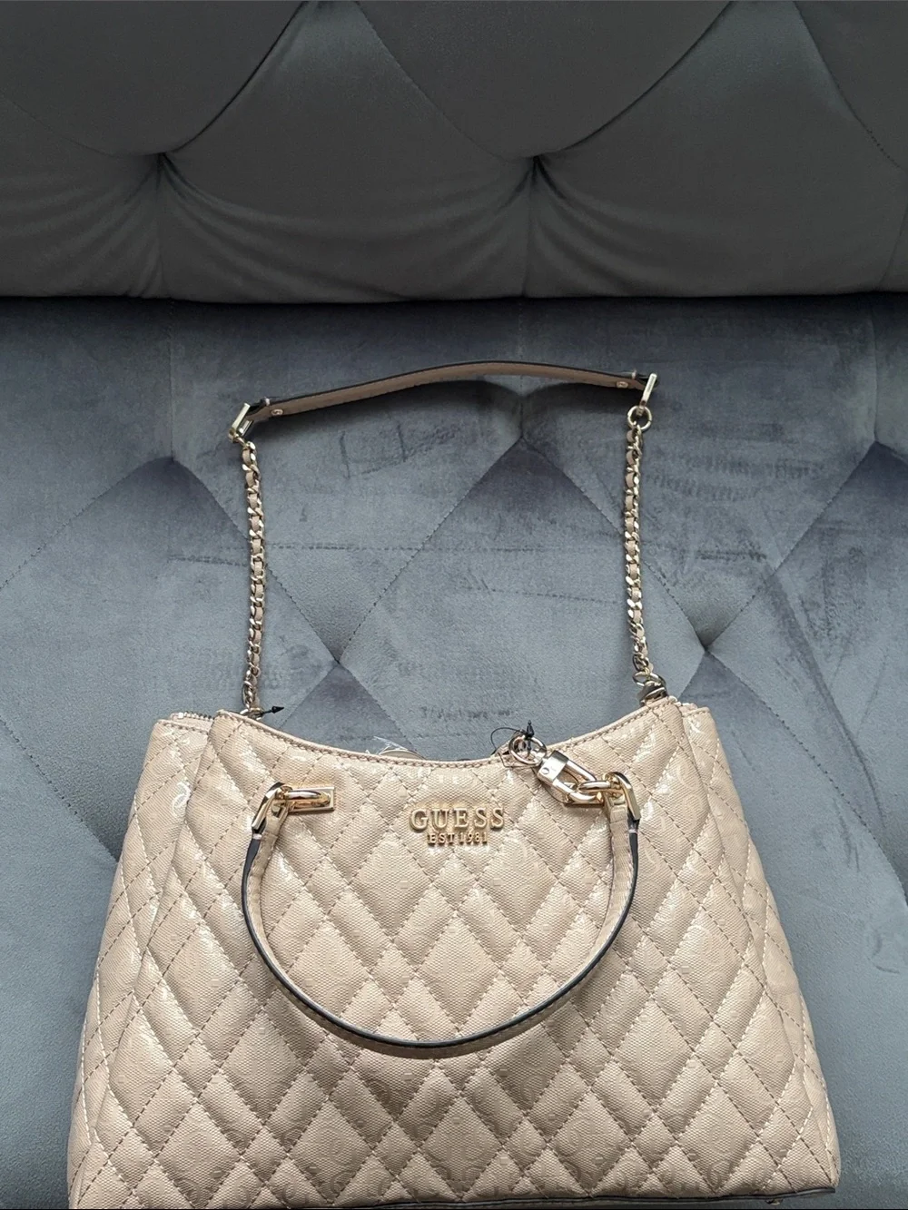 GUESS Quilted Satchel in Taupe with Gold Hardware